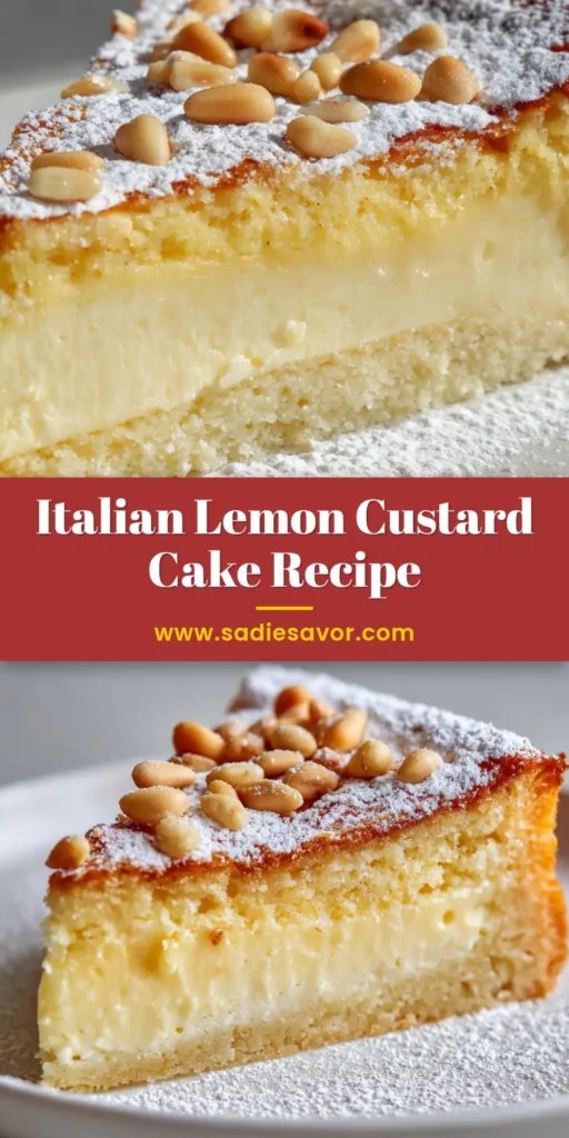 A close-up vertical slice of Italian Lemon Custard Cake showing a thick layer of pale yellow lemon custard encased in golden-brown pastry, topped with pine nuts.