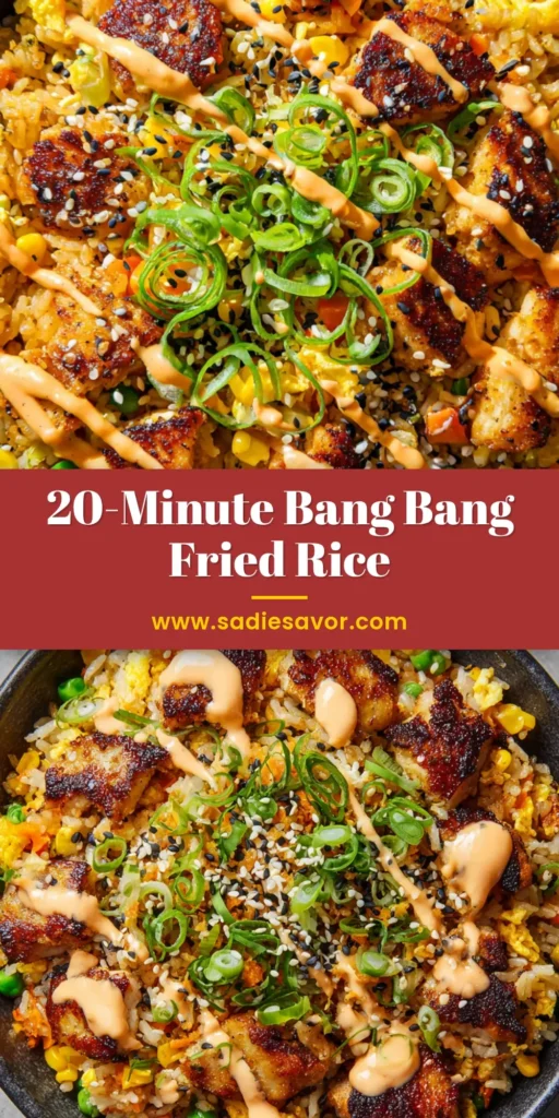 The Ultimate Bang Bang Fried Rice with Crispy Chicken 4 A close-up, overhead shot of a large shallow dark ceramic bowl filled with vibrant Bang Bang Chicken Fried Rice garnished with creamy sauce and sesame seeds.