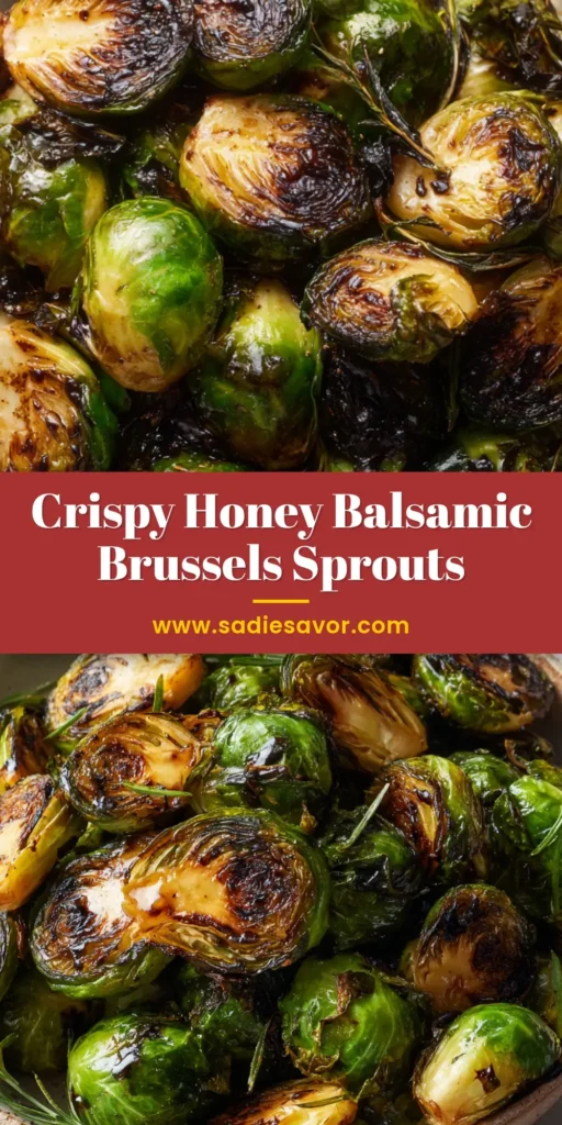 A close-up of deeply charred Honey Balsamic Brussels Sprouts in a rustic serving bowl.