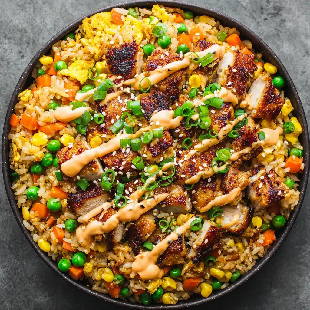 The Ultimate Bang Bang Fried Rice with Crispy Chicken 2 A large shallow dark ceramic bowl of golden-brown fried rice mixed with fluffy eggs, peas, carrots, charred corn, and crispy chicken breast.