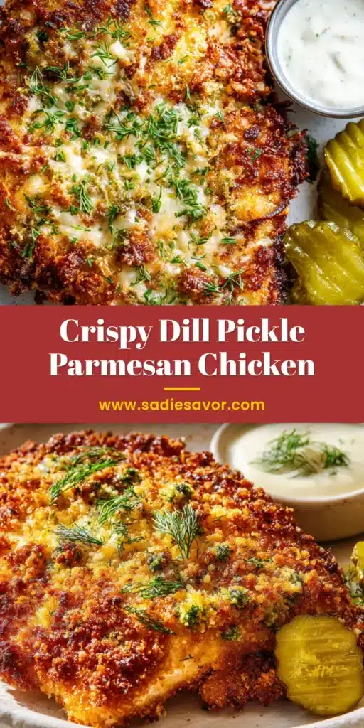 Dill Pickle Parmesan Chicken: Crispy Tangy Crusted Breasts 4 A golden-brown crispy Dill Pickle Parmesan Chicken breast with thick, textured breading resting on a rustic white plate with creamy dipping sauce.