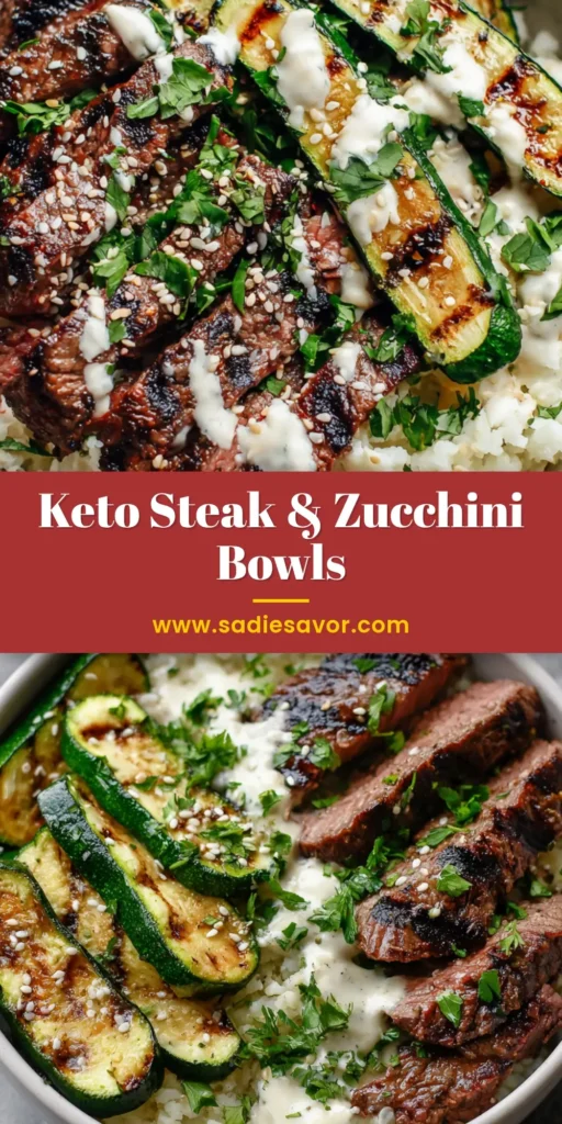 A cozy grilled Keto Steak Bowl featuring perfectly seared sirloin strips, charred green zucchini half-moons, and fluffy cauliflower rice topped with creamy garlic sauce.