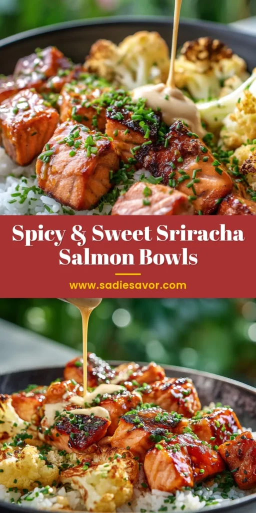 A close-up view of a Sriracha Honey Salmon Bowl in a black ceramic bowl, featuring glazed salmon, roasted cauliflower, fluffy rice, a creamy drizzle, and fresh chives.