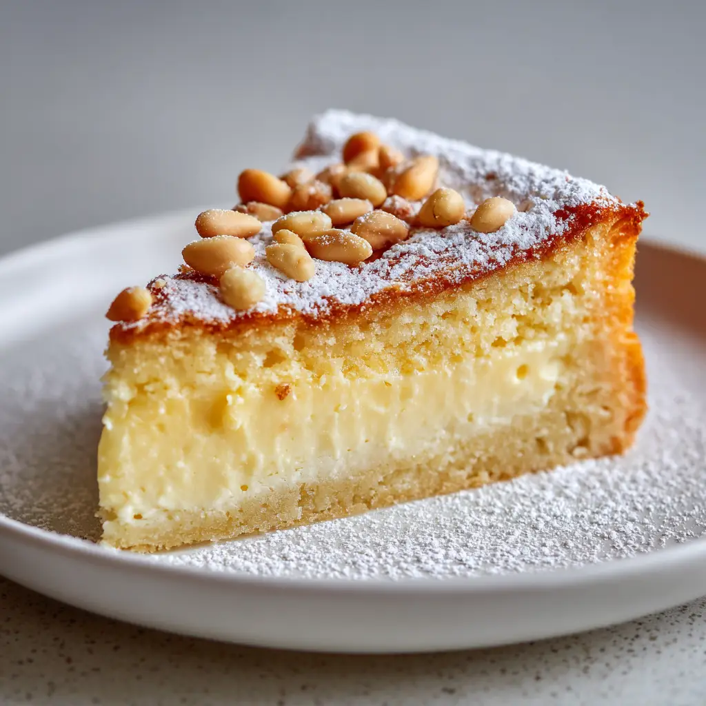 Close-up detail of the powdered sugar dusting and toasted pine nuts on top of the baked golden-brown shortcrust pastry.
