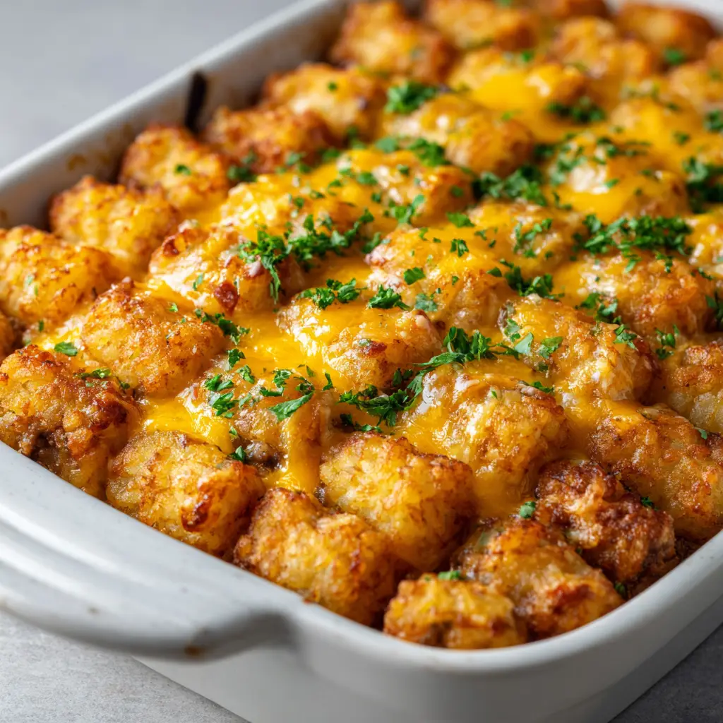 A peek beneath the crispy potato layer showing savory browned ground beef crumbles mixed in a thick, rich, creamy brown gravy inside a white ceramic baking dish.