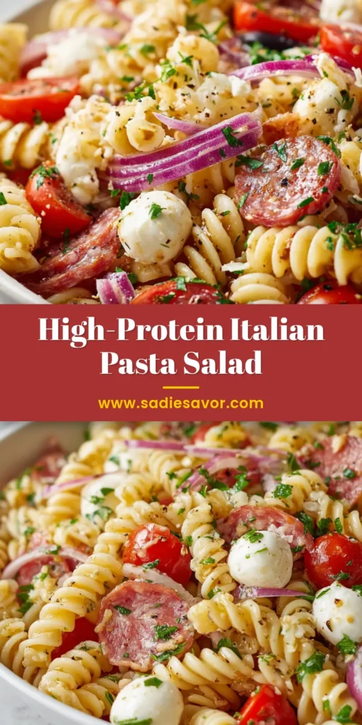 High-Protein Italian Pasta Salad: The Ultimate Meal Prep Bowl 4 A close-up shot of a High-Protein Italian Pasta Salad in a large shallow white bowl loaded with cured salami, mini mozzarella pearls, and vibrant cherry tomatoes.