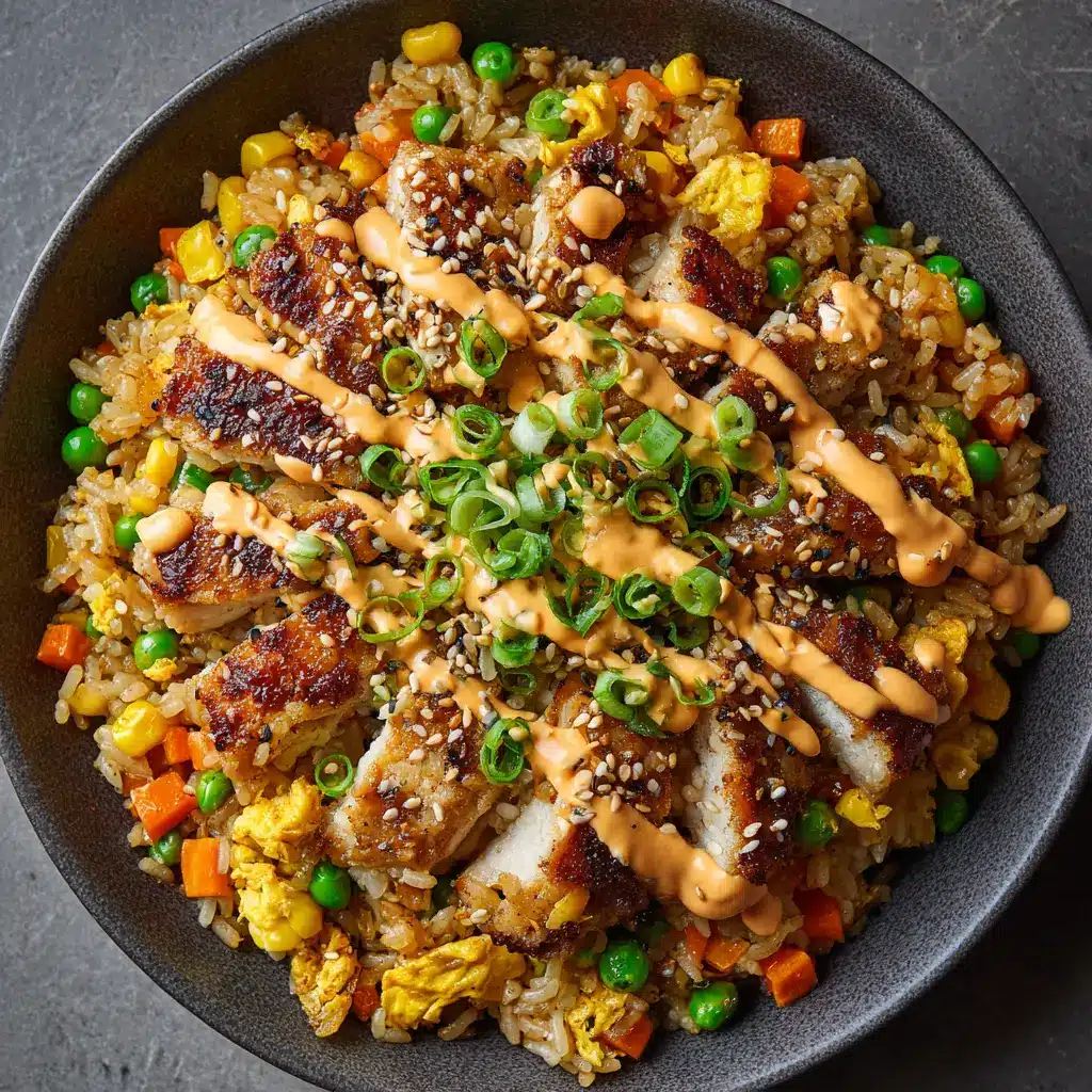 The Ultimate Bang Bang Fried Rice with Crispy Chicken 1 Creamy pale orange bang bang sauce zig-zagged over golden chicken fried rice, garnished with green onions and toasted sesame seeds.