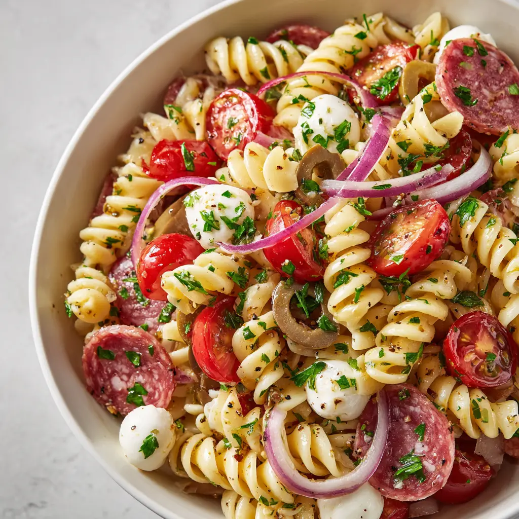 High-Protein Italian Pasta Salad: The Ultimate Meal Prep Bowl 2 Overhead view of a High-Protein Italian Pasta Salad showing spiral rotini, black olives, diced red onion, and freshly chopped green parsley in a white bowl.