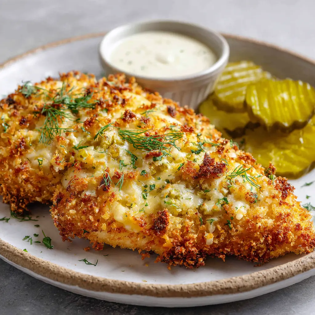 Dill Pickle Parmesan Chicken: Crispy Tangy Crusted Breasts 1 Golden-brown pan-fried chicken breast crusted in panko and pickles served alongside crinkle-cut pickle coins.