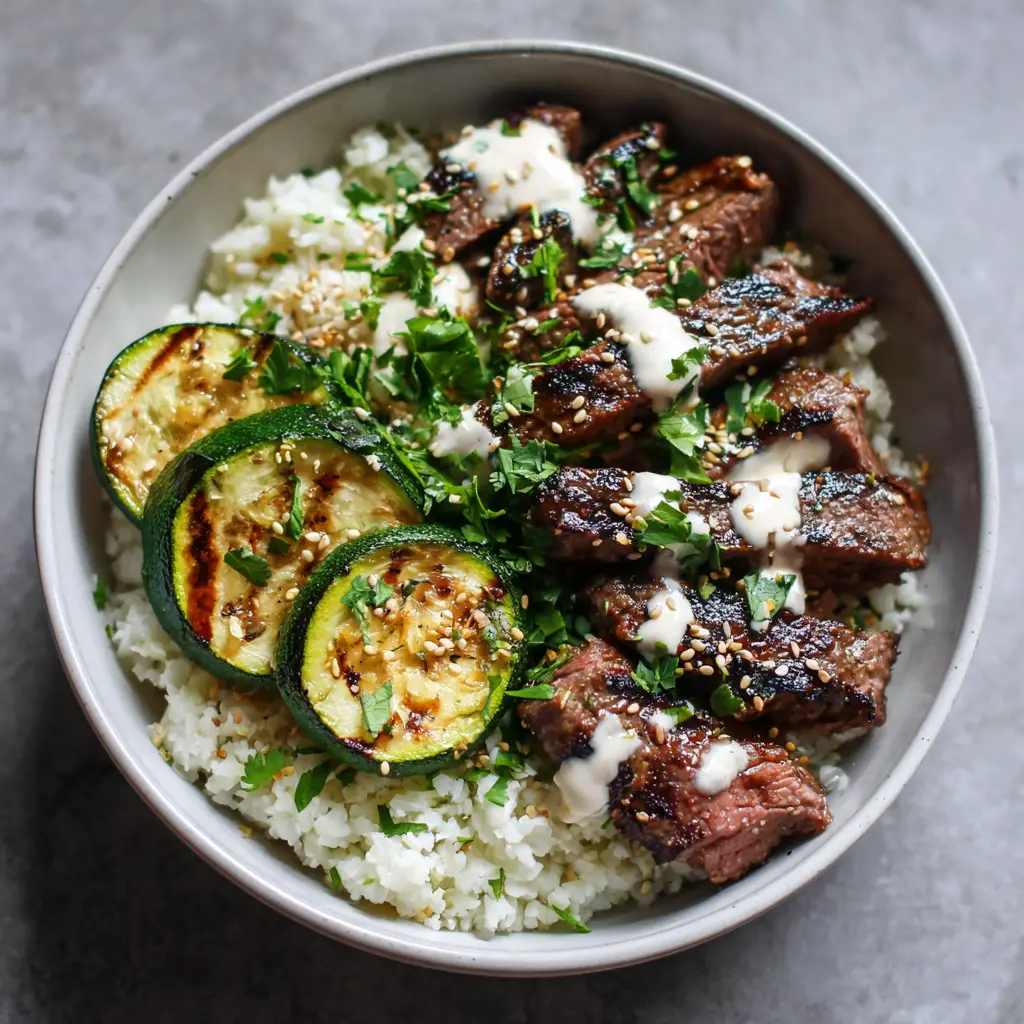 Close-up of fluffy white cauliflower rice base topped with thick half-moon grilled zucchini slices and sesame seeds in a Keto Steak Bowl.