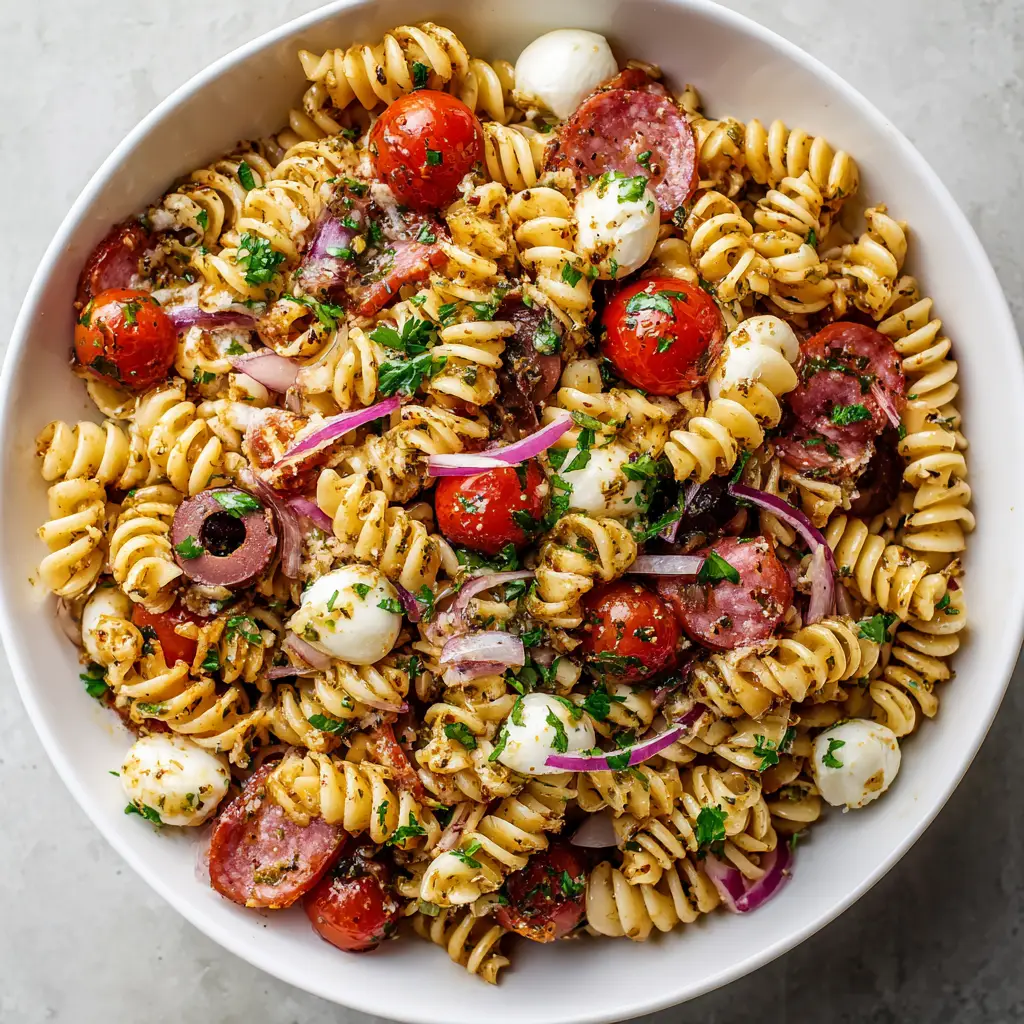 High-Protein Italian Pasta Salad: The Ultimate Meal Prep Bowl 1 Detail of glossy translucent vinaigrette with visible specks of oregano on cooked spiral rotini pasta and bright white mozzarella pearls.