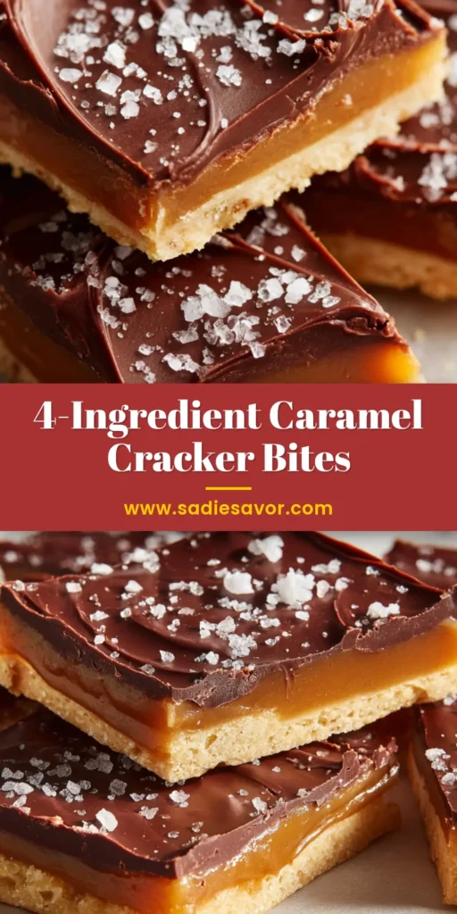 Irresistible Salted Caramel Cracker Bites 4 A close up view of Salted Caramel Cracker Bites broken into irregular pieces with a thick amber-brown caramel layer and dark chocolate topped with sea salt.