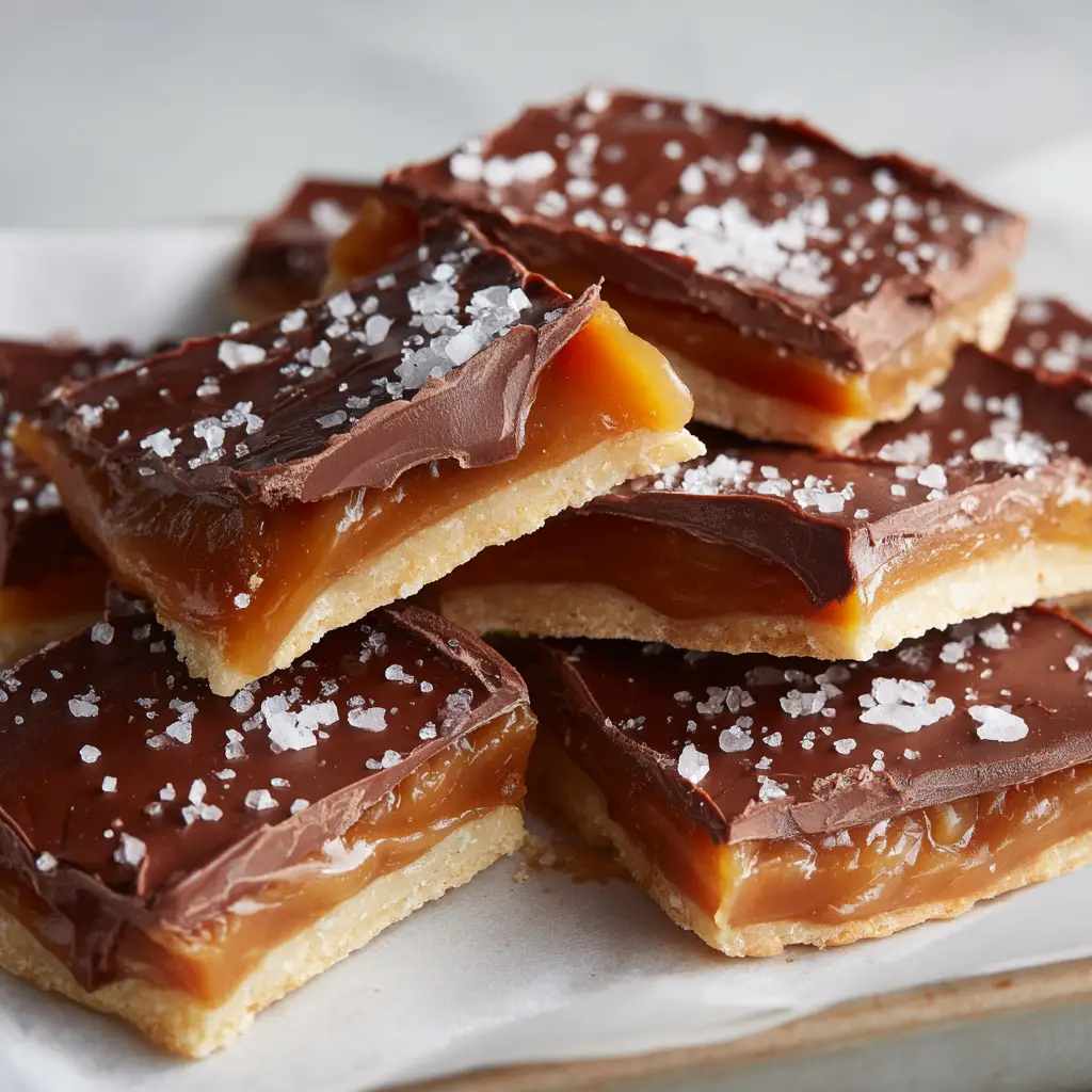 Irresistible Salted Caramel Cracker Bites 2 Handheld photo showing a stack of Salted Caramel Cracker Bites stacked on plain white parchment paper, featuring pale baked saltines and glossy swirled chocolate.