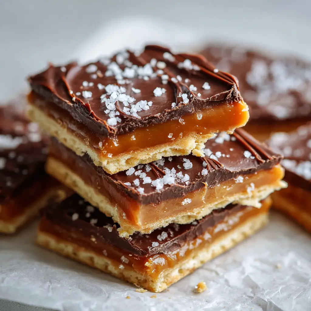 Irresistible Salted Caramel Cracker Bites 1 Close up of coarse flaky white sea salt sprinkled over glossy hardened dark brown chocolate on a saltine toffee base.