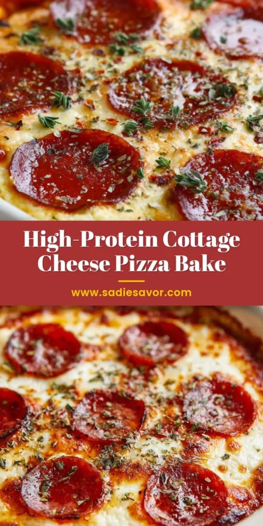 A mouth-watering Cottage Cheese Pizza Bake served in a rustic white ceramic dish, loaded with cupped pepperoni and bubbly golden mozzarella.
