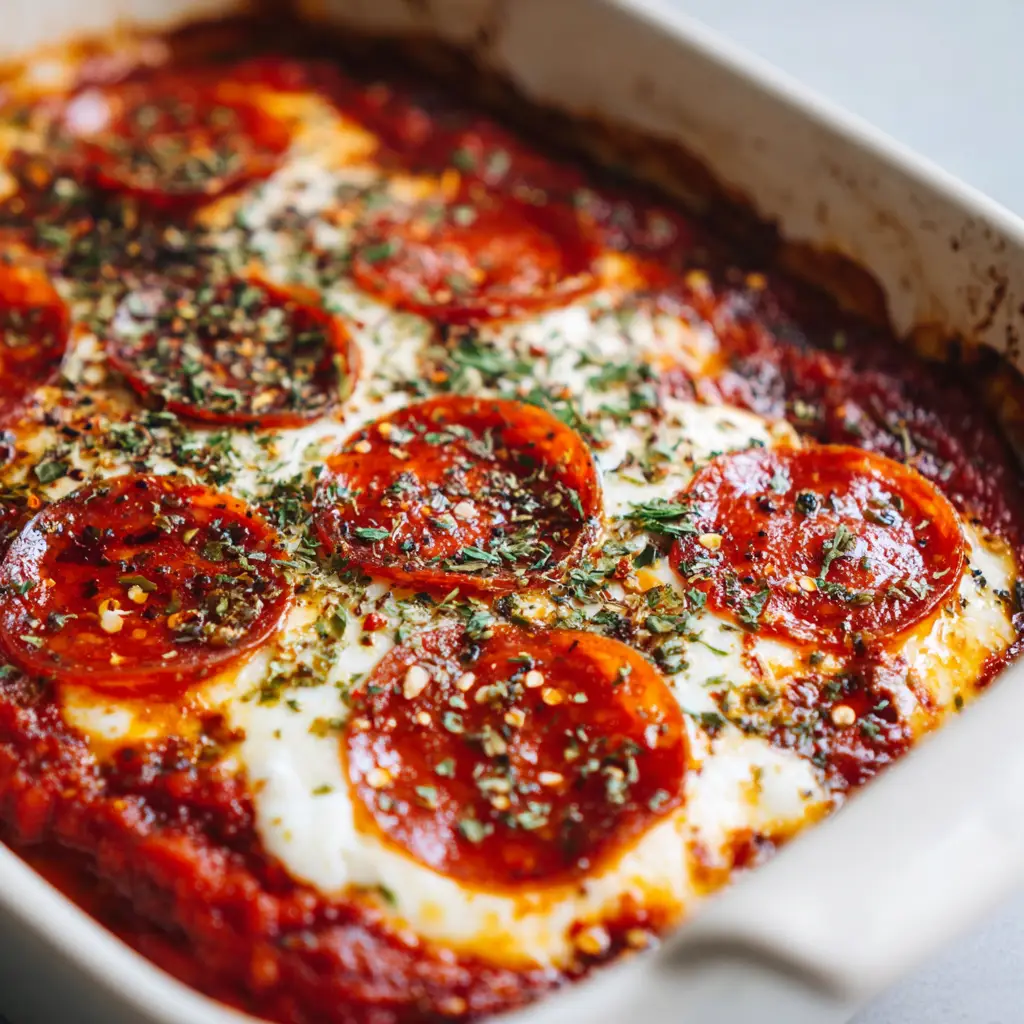 A rustic white ceramic baking dish filled with a baked cottage cheese base, melted mozzarella, pepperoni, dried green oregano flakes, and crushed red pepper flakes.