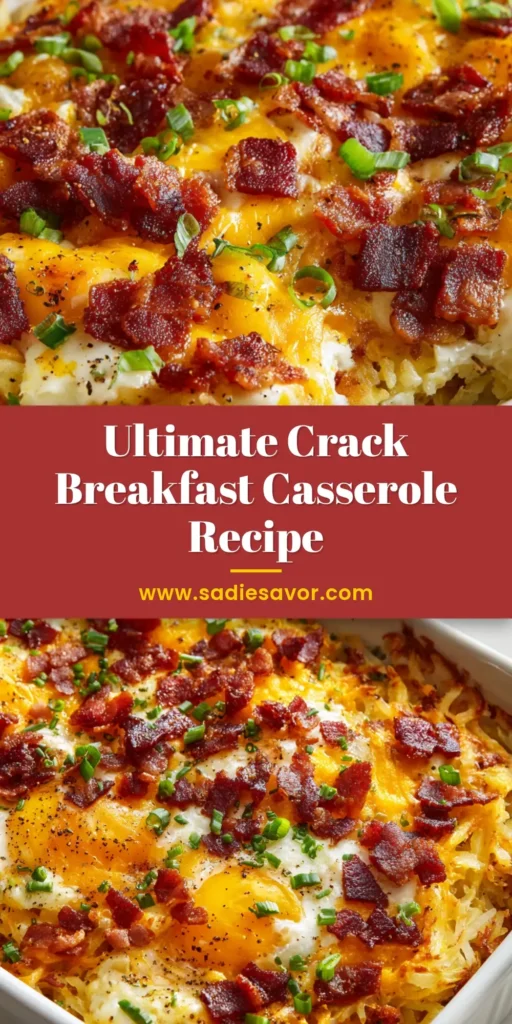 A close-up of a perfectly baked Crack Breakfast Casserole showing bubbling melted cheese, dark red-brown crispy bacon, and chopped green scallions in a white baking dish.