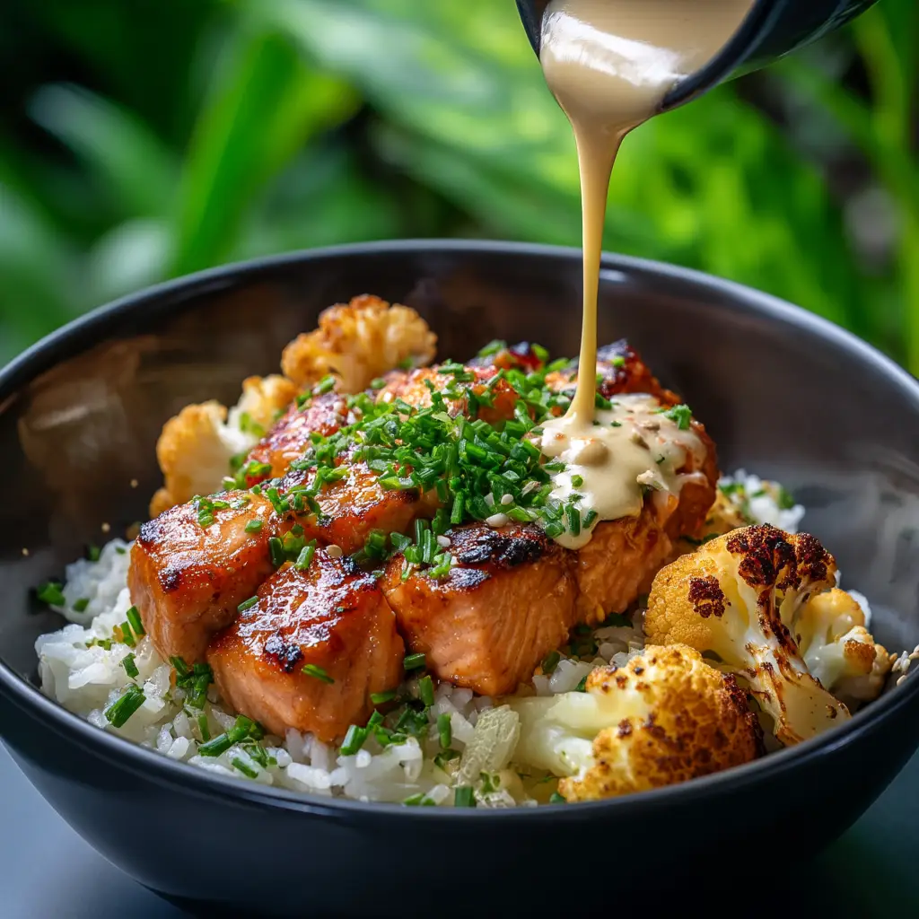 Caramelized salmon cubes glistening in a skillet with a honey sriracha glaze.