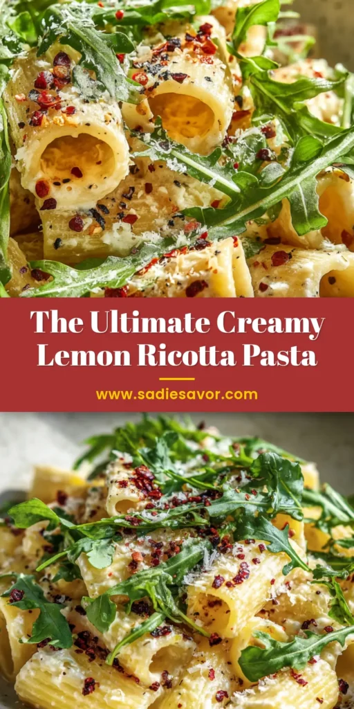 Extreme close-up of creamy lemon ricotta pasta with rigatoni, garnished with fresh green arugula and cracked pepper in a rustic ceramic bowl.