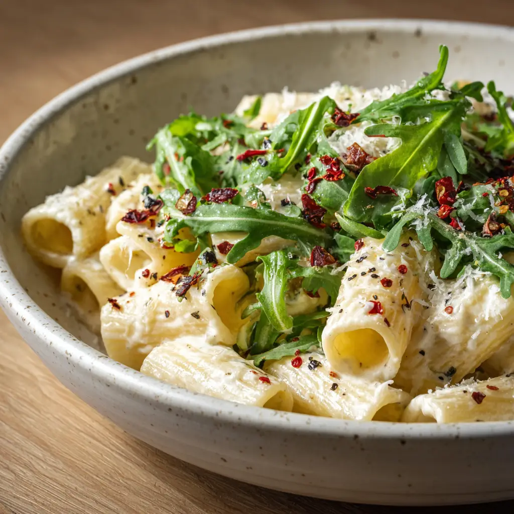 Rigatoni pasta thoroughly coated in a glossy lemon ricotta sauce topped with wilted arugula, chili flakes, and black pepper.