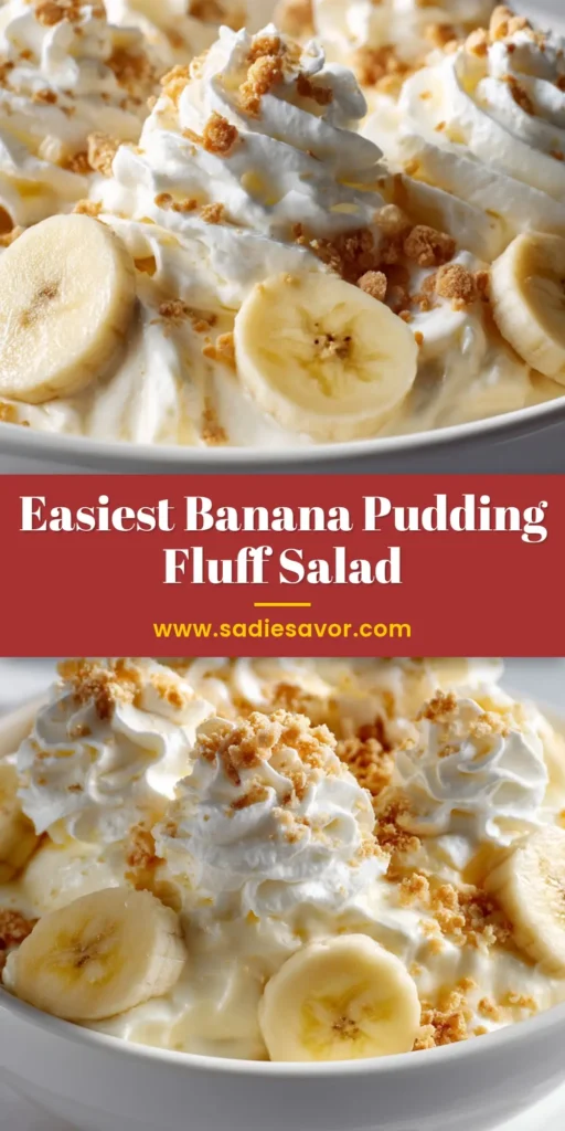 Creamy Banana Pudding Fluff Salad Recipe 3 A shallow white ceramic bowl filled with creamy banana pudding fluff salad, topped with dollops of whipped cream, fresh banana slices, and crushed vanilla wafer crumbs.