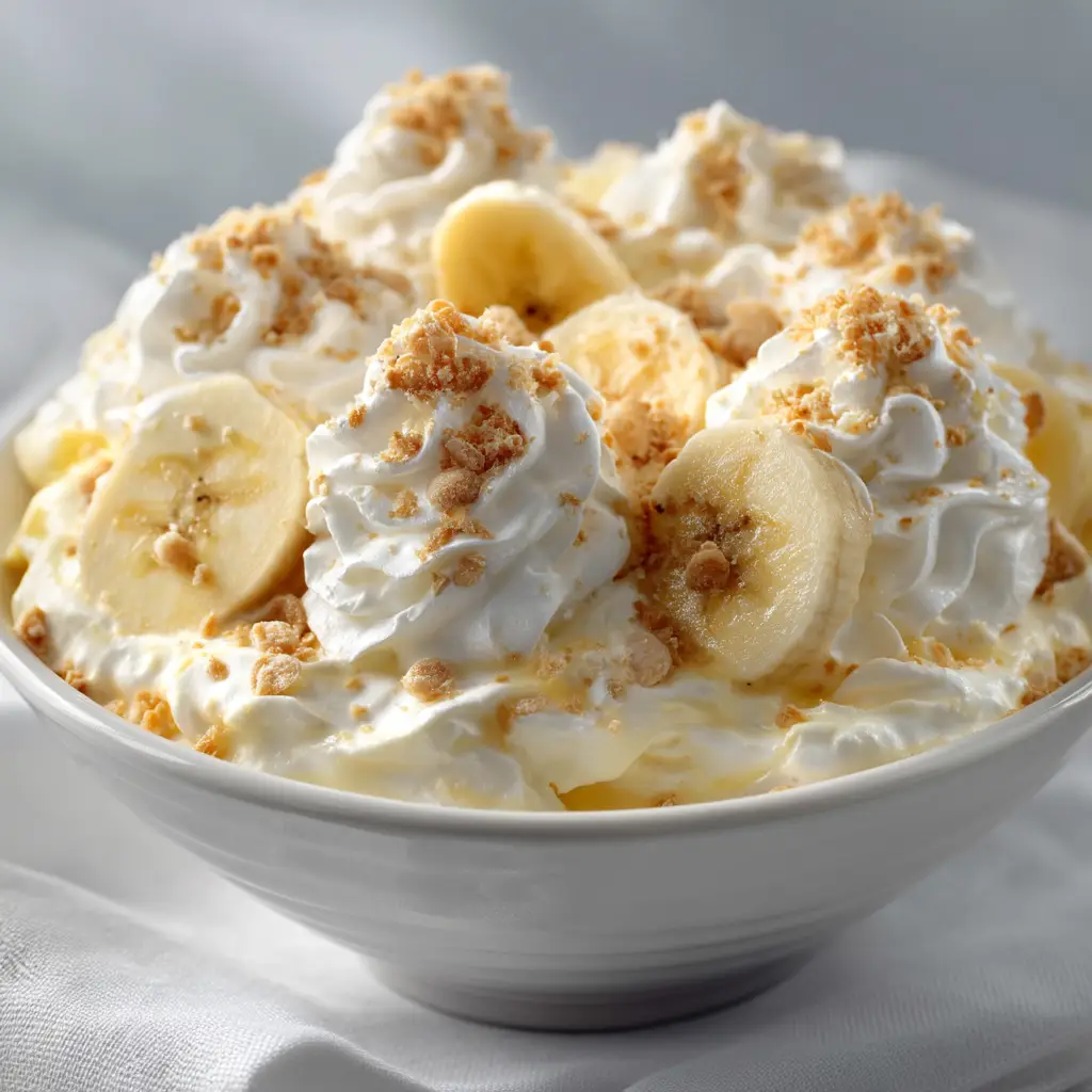 Creamy Banana Pudding Fluff Salad Recipe 2 Extreme close up of creamy banana pudding fluff salad ingredients showing smooth textures and gentle shadows.