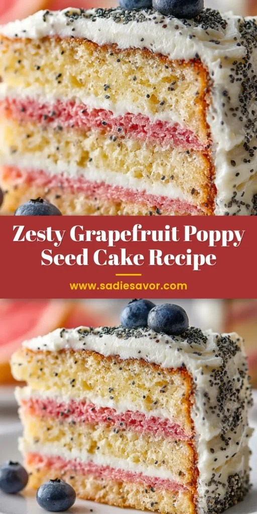 A beautiful slice of layered Grapefruit Poppy Seed Cake on a white plate, featuring pink grapefruit and speckled poppy seed sponges with white buttercream, fresh blueberries, and a grapefruit wedge.