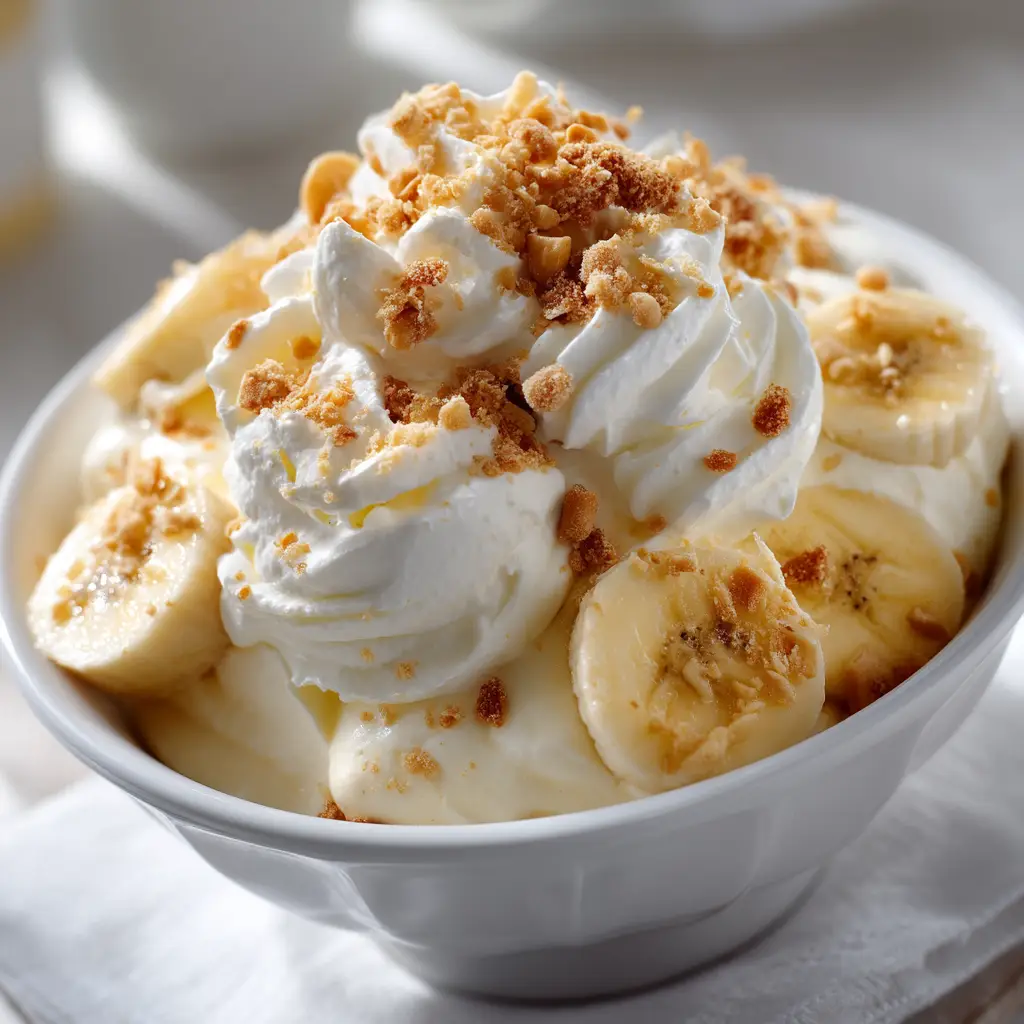 Creamy Banana Pudding Fluff Salad Recipe 1 Extreme close up of the finished banana pudding fluff salad topped with fresh banana slices and crushed vanilla wafers in natural side lighting.