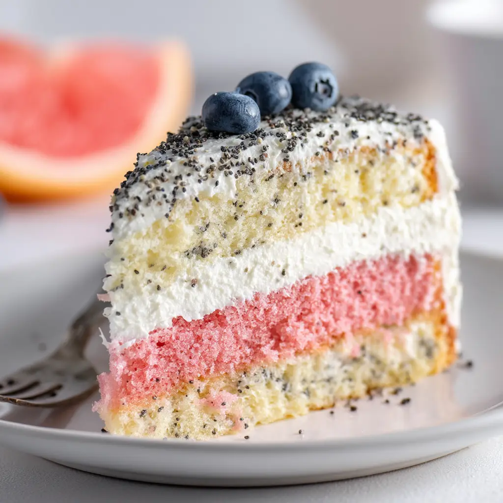 A generously frosted slice of Grapefruit Poppy Seed Cake garnished with fresh blueberries and black poppy seeds.