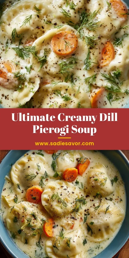 A close-up overhead shot of a light blue ceramic bowl filled with creamy off-white dill pierogi soup, featuring soft pierogies, round carrot slices, and fresh dill fronds on a warm wooden surface.