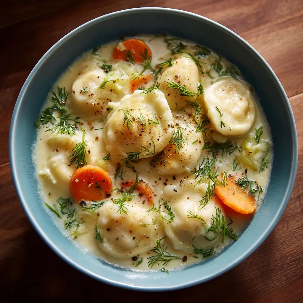 Close-up of thick off-white broth with a generous garnish of fresh dill fronds and black pepper in a soup bowl.