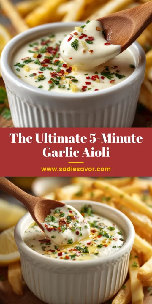 A top-down view of creamy off-white garlic aioli in a white ceramic ribbed bowl, garnished with chopped parsley and red pepper flakes, alongside crispy golden french fries.