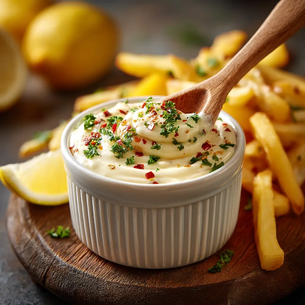 A wooden spoon scooping up thick garlic aioli, showcasing the chopped parsley and red pepper flake garnishes against a rustic wooden board.