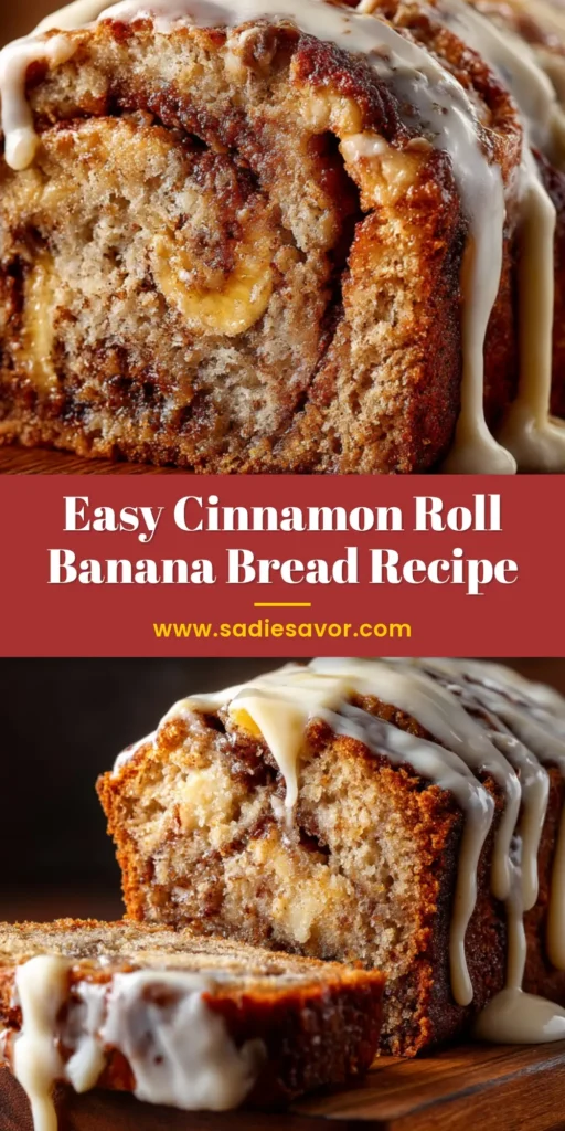 A thick slice of Cinnamon Roll Banana Bread leaning against the loaf, showing a moist crumb, prominent cinnamon swirl, and chunks of banana with generous cream cheese icing dripping down the sides.