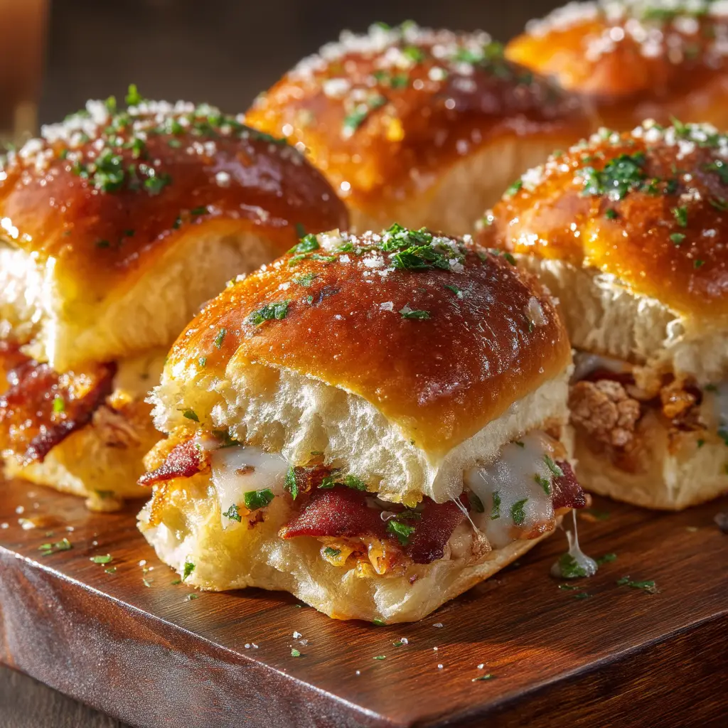 Warm chicken bacon ranch sliders pulled apart, revealing melted provolone cheese, crispy bacon, and pieces of chicken layered inside.
