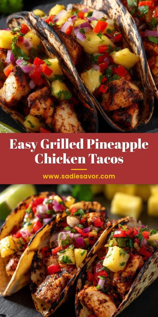 Three Pineapple Chicken Tacos arranged diagonally on a dark slate plate with grilled chicken, pineapple, and red pepper pico.