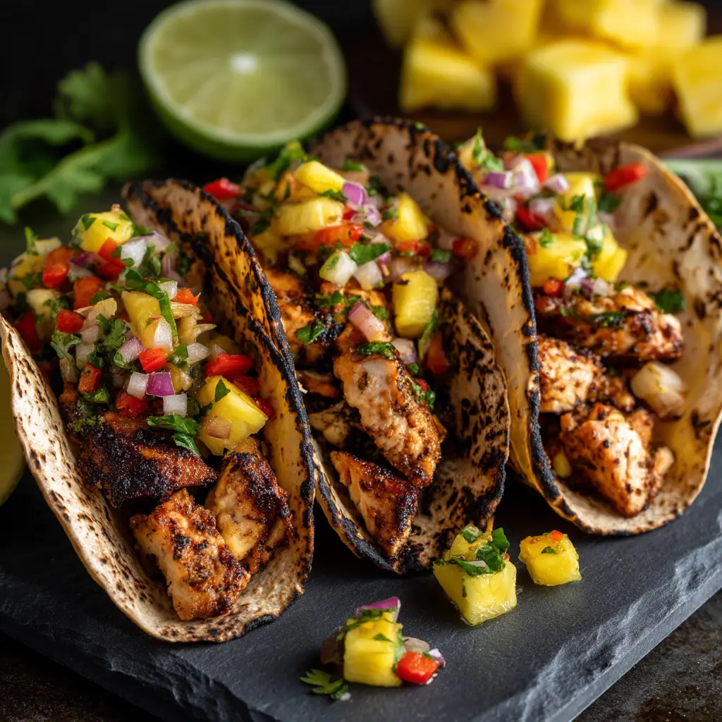 Close up of grilled chicken chunks with visible red seasoning and deep char marks overflowing in corn tortillas.