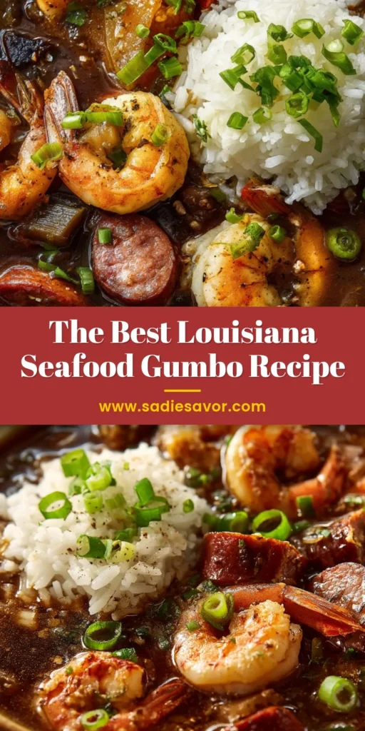 Authentic Louisiana Seafood Gumbo 4 A close-up overhead shot of a Louisiana seafood gumbo in a clear glass bowl, featuring a rich, dark brown stew filled with large, pink whole shrimp, chunks of sausage, crab, white rice, and freshly chopped green onions.