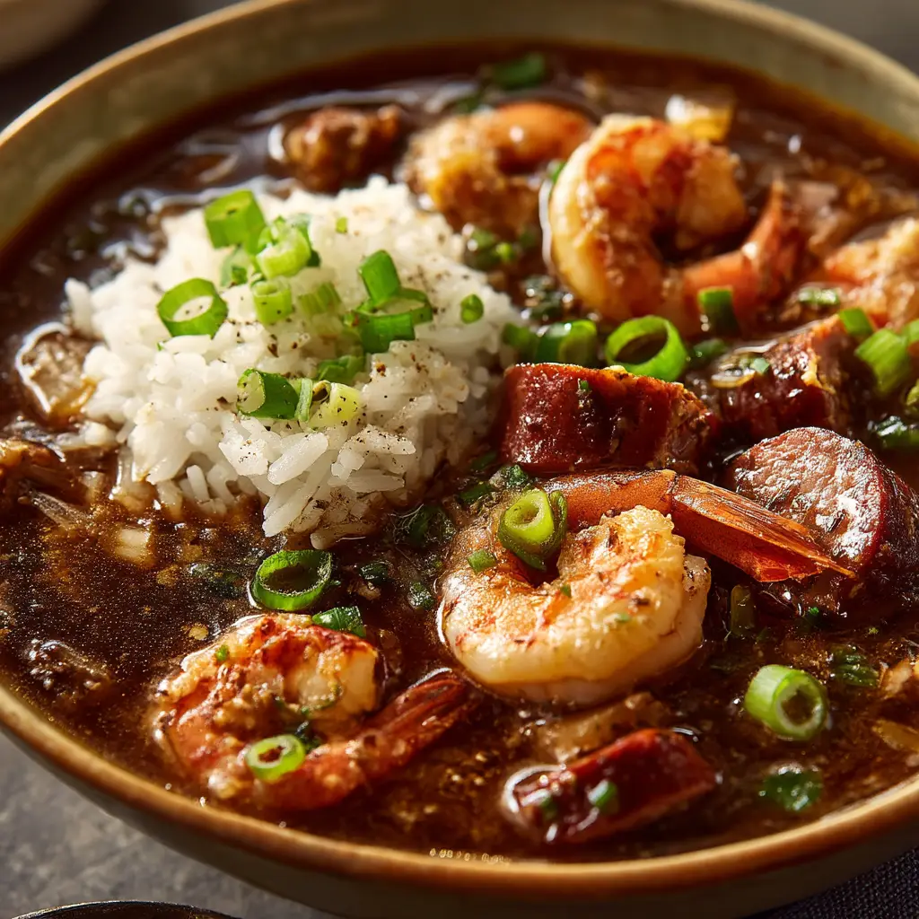 Authentic Louisiana Seafood Gumbo 2 Close up view of the dark brown Louisiana Seafood Gumbo broth with large pink shrimp and chopped green onions.