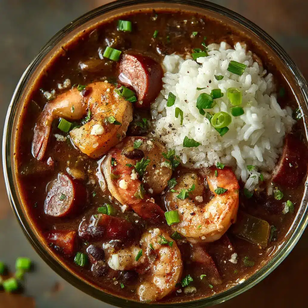 Authentic Louisiana Seafood Gumbo 1 Clear glass bowl filled with Louisiana Seafood Gumbo showing detailed food textures of rice, sausage, and shrimp.