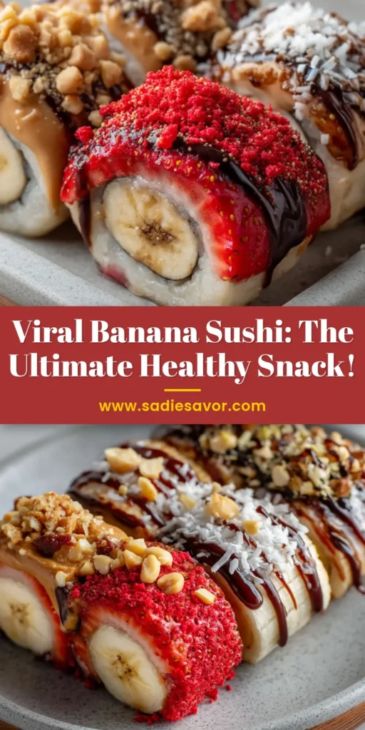 A close up view of three styles of beautiful banana sushi rolls arranged on a platter.