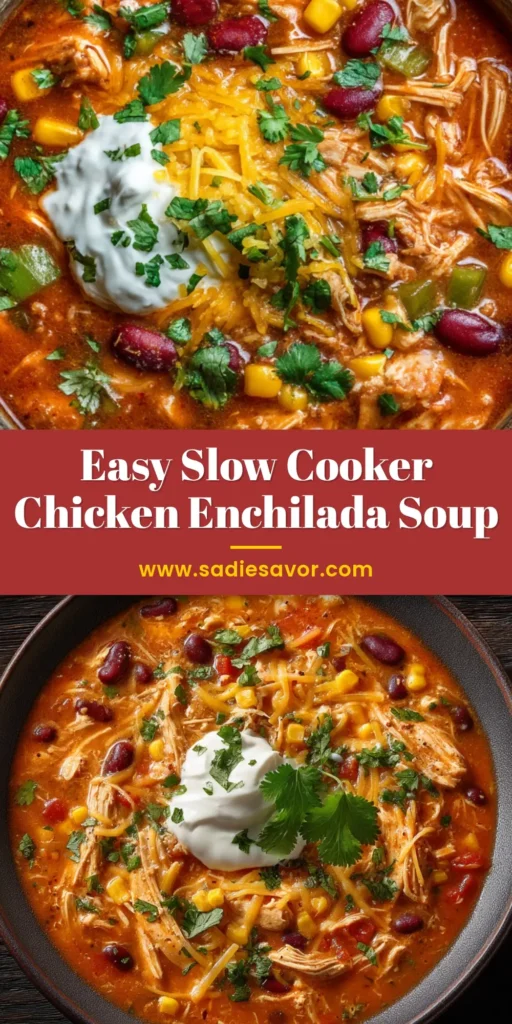 Overhead view of a rustic ceramic bowl filled with Slow Cooker Chicken Enchilada Soup, garnished with melted cheddar, sour cream, and cilantro.