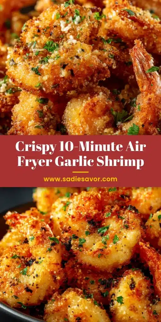 The Best Air Fryer Garlic Parmesan Shrimp 3 A towering pile of crispy, golden-brown Air Fryer Garlic Parmesan Shrimp garnished with parsley in a dark bowl.