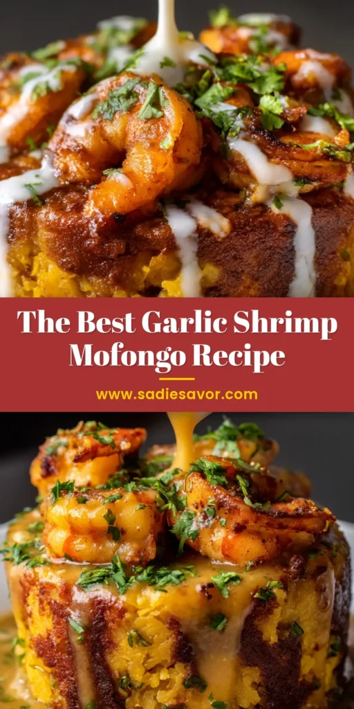 Authentic Garlic Shrimp Mofongo (Creamy Puerto Rican Recipe) 3 Extreme close up of Garlic Shrimp Mofongo showing a golden mashed plantain mound topped with succulent shrimp, a thick creamy garlic sauce, and fresh cilantro garnish.