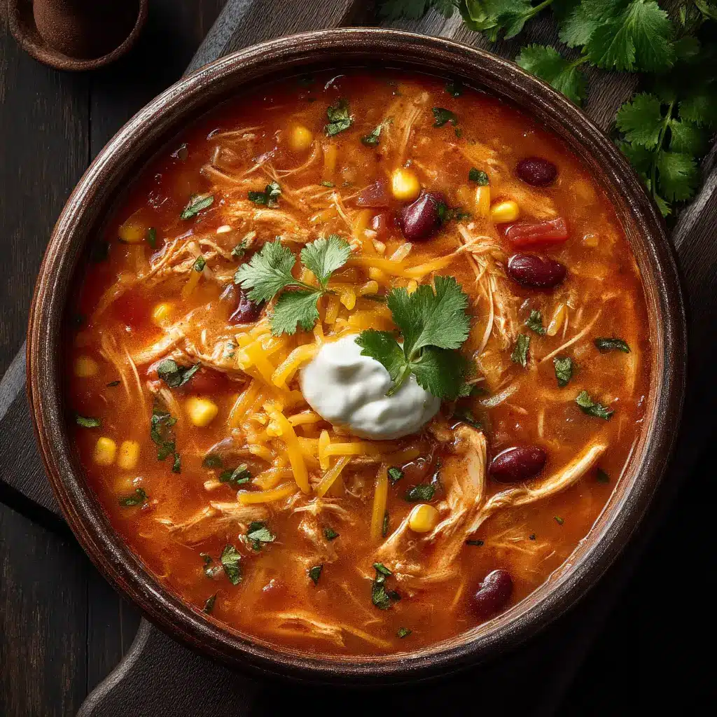 Rich orange-red enchilada broth simmering in a slow cooker with chicken and vegetables.