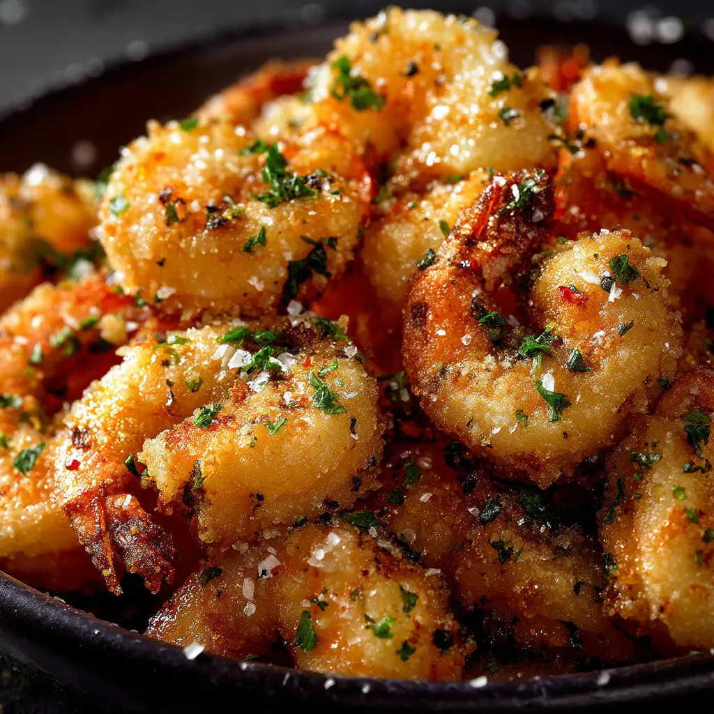 The Best Air Fryer Garlic Parmesan Shrimp 2 Close-up of freshly prepared raw shrimp coated in a parmesan, garlic, and panko mixture.