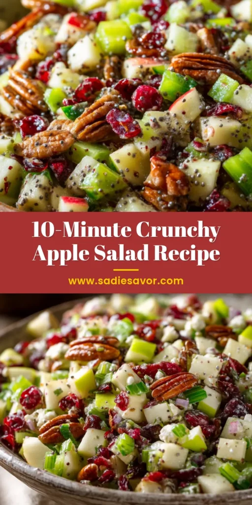 A rustic bowl filled with our crunchy Apple Salad Recipe featuring diced red and green apples, pecans, cranberries, and poppy seed dressing.