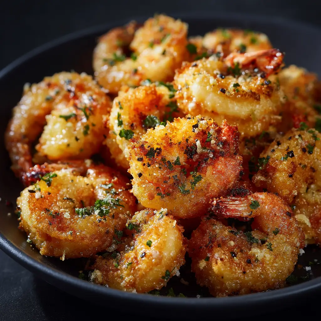 The Best Air Fryer Garlic Parmesan Shrimp 1 Extreme close up of beautifully glistening air-fried shrimp with a golden parmesan crust, heavily speckled with parsley and black pepper.