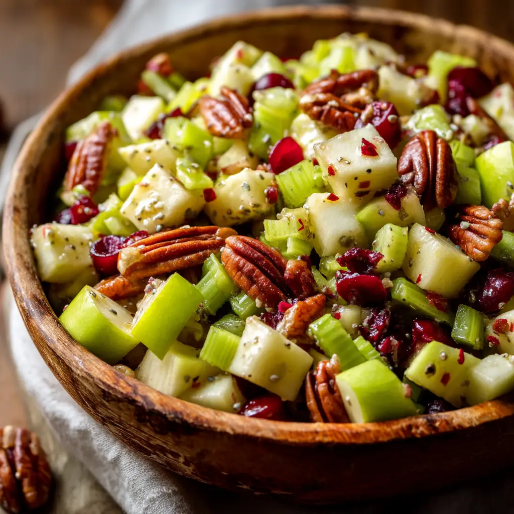 Fresh ingredients for an Apple Salad Recipe including diced Granny Smith and Fuji apples, celery, and toasted pecans.