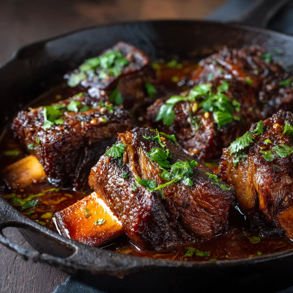 Melt-In-Your-Mouth Asian Beef Short Ribs (Sticky Soy-Ginger Glaze) 2 Tender Asian beef short ribs falling off the bone, smothered in a dark, thick soy-ginger glaze.